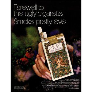 1971 Eve Cigarettes Vintage Print Ad Pink Nail Polish Smoke Pretty Butterfly Art